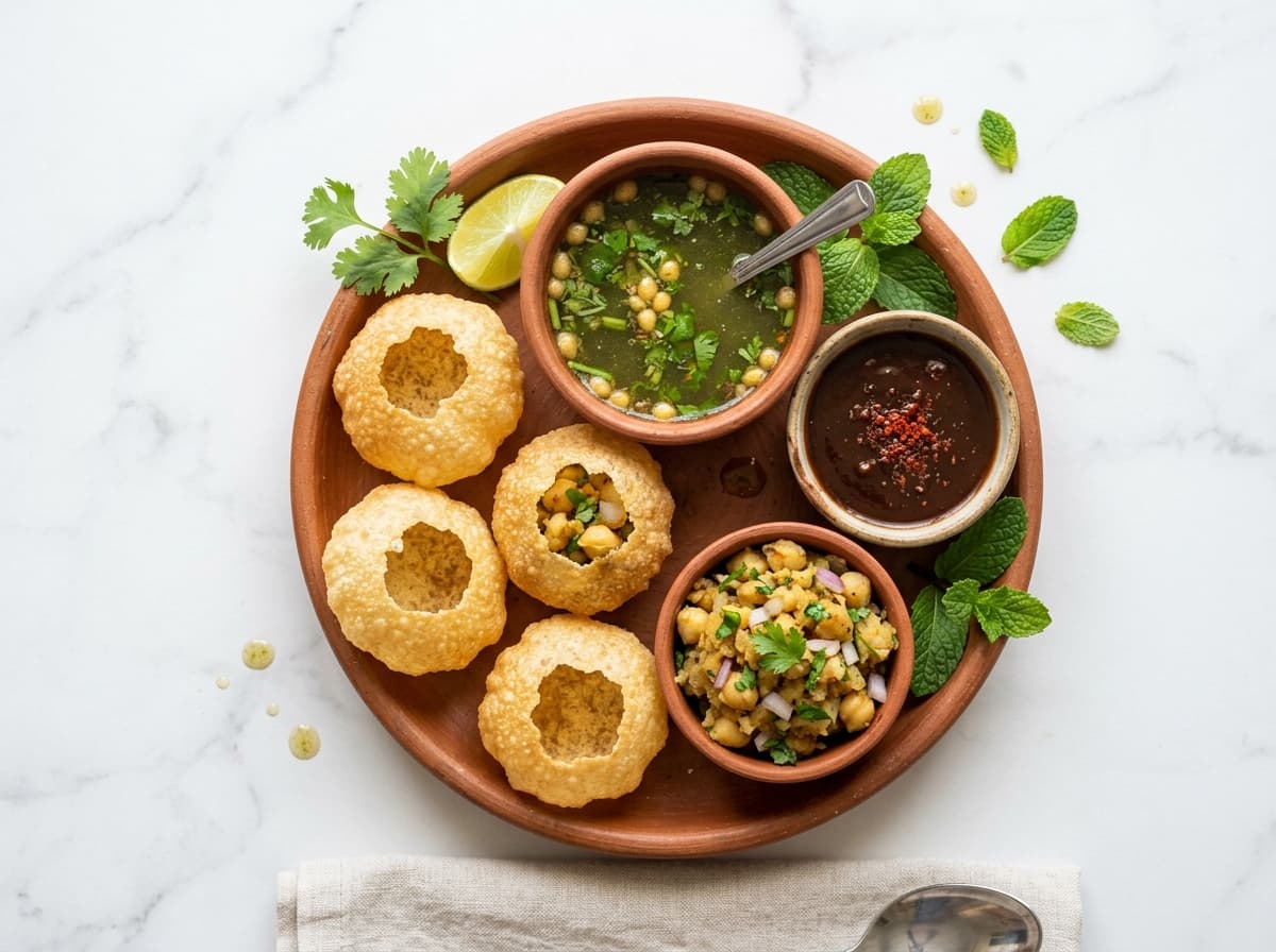 Pani puri ingredients arranged beautifully on a clay plate
